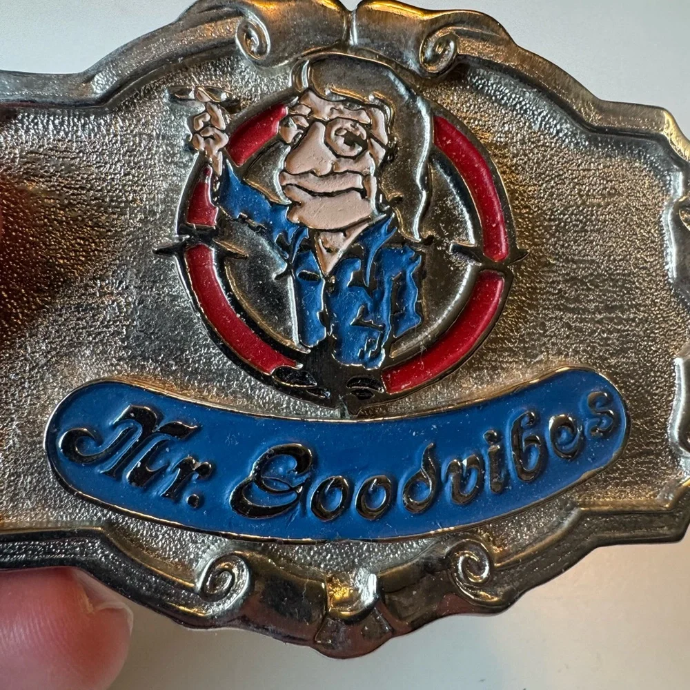Vintage Heavy Silver Tone Chrome Mr. Goodvibes Belt Buckle MINTY